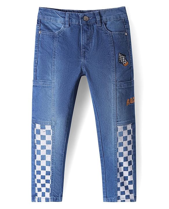 Pine Kids Full Length Washed Denim Jeans with Text Embroidery & Cut & Sew Design - Blue