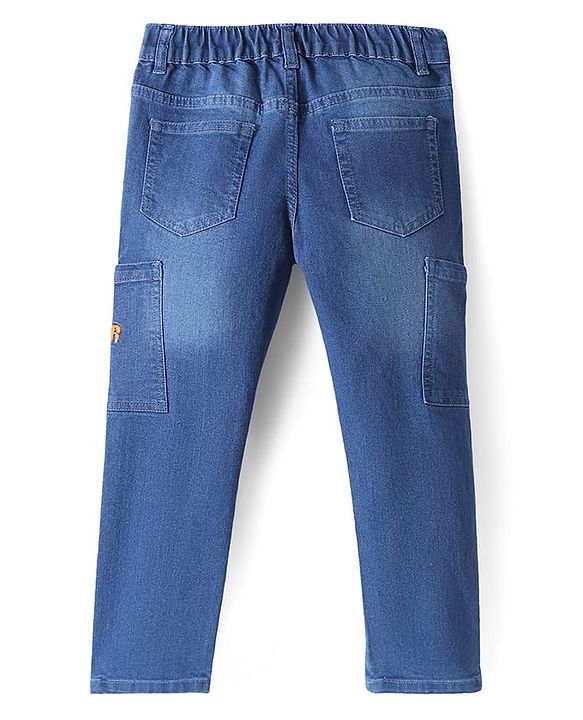 Pine Kids Full Length Washed Denim Jeans with Text Embroidery & Cut & Sew Design - Blue