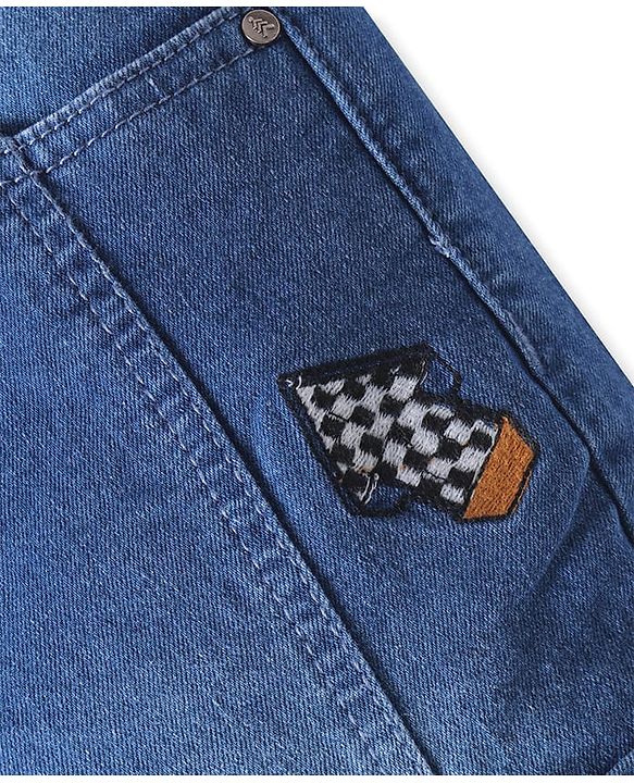 Pine Kids Full Length Washed Denim Jeans with Text Embroidery & Cut & Sew Design - Blue