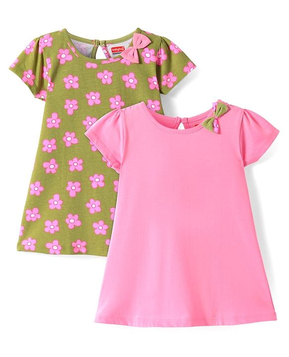 Babyhug Single Jersey Knit Half Sleeves Dresses With Floral Print & Bow Applique Pack of 2 - Olive Green & Pink