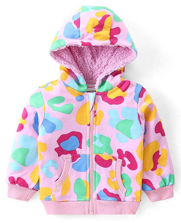 Babyhug Cotton Knit Full Sleeves Printed Hooded Sweatjacket with Kangaroo Pockets -Pink