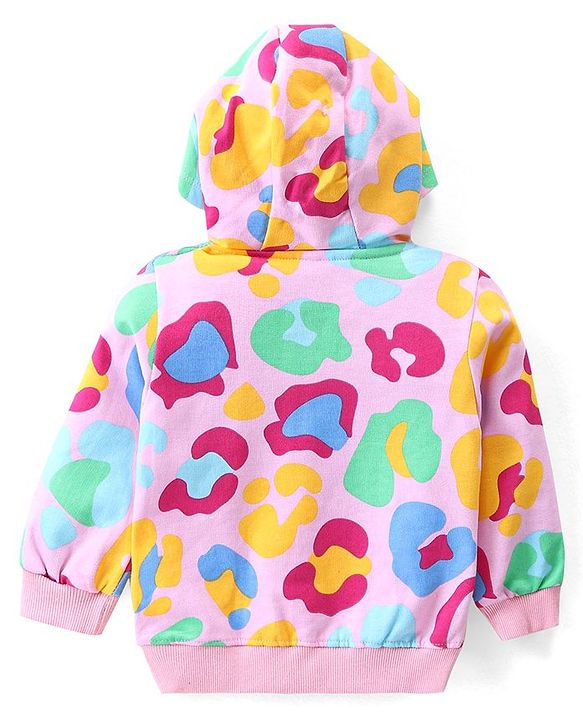 Babyhug Cotton Knit Full Sleeves Printed Hooded Sweatjacket with Kangaroo Pockets -Pink