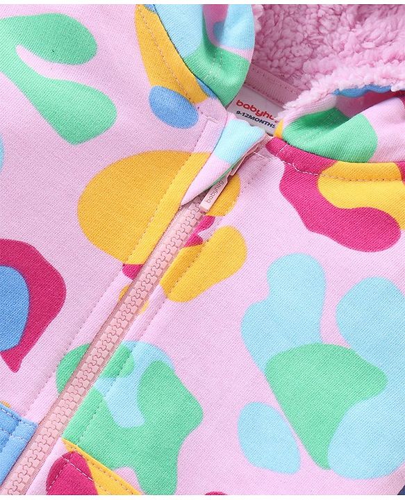 Babyhug Cotton Knit Full Sleeves Printed Hooded Sweatjacket with Kangaroo Pockets -Pink