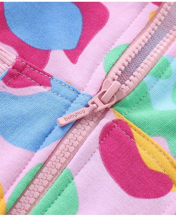 Babyhug Cotton Knit Full Sleeves Printed Hooded Sweatjacket with Kangaroo Pockets -Pink