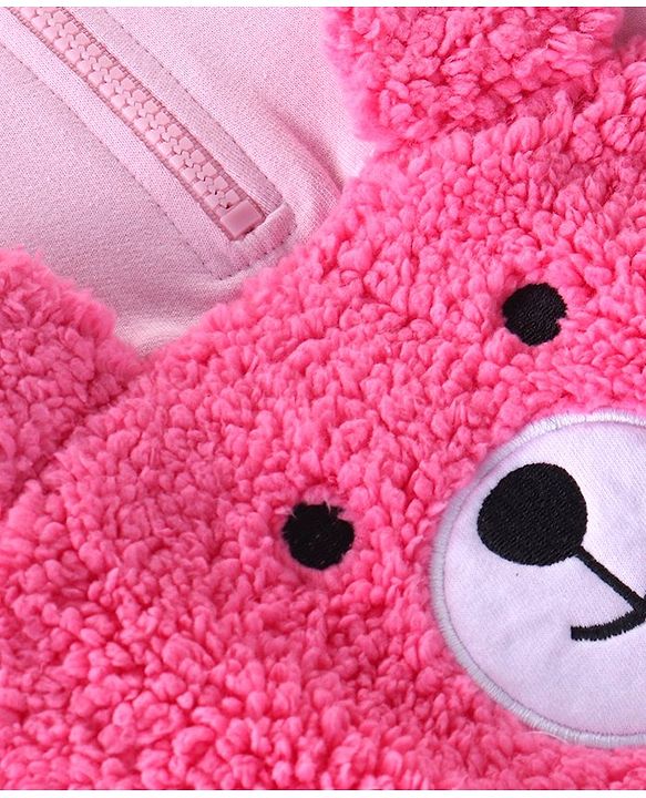 Babyhug Cotton Knit Full Sleeves Hooded Sweatshirt with Bear Embroidery & Ears Applique - Pink