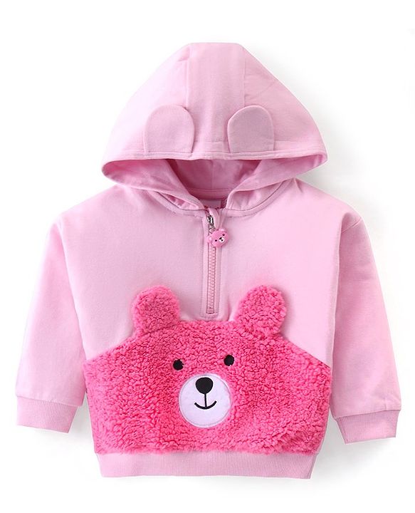 Babyhug Cotton Knit Full Sleeves Hooded Sweatshirt with Bear Embroidery & Ears Applique - Pink