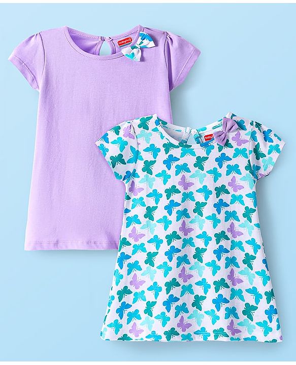 Babyhug Single Jersey Knit Half Sleeves Dresses With Butterfly Print & Bow Applique Pack of 2 - Mauve & Blue