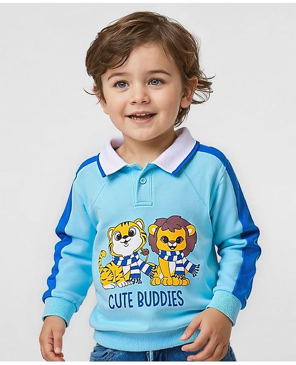 Babyhug Cotton Knit Full Raglan Sleeves Collar Neck Sweatshirt with Tiger Print - Blue