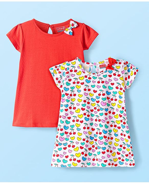 Babyhug Single Jersey Knit Half Sleeves Dresses With Heart Print & Bow Applique Pack of 2 - Red & White