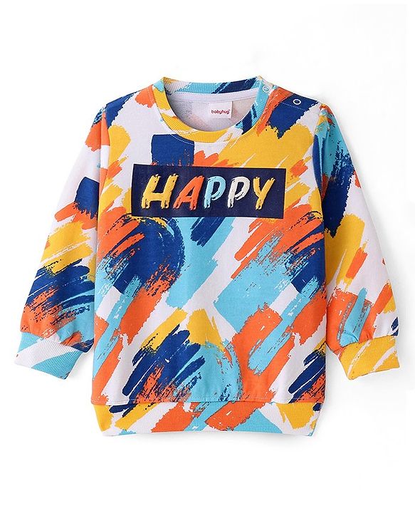 Babyhug Cotton Knit Full Sleeves Sweatshirts With Abstract & Text Print - White