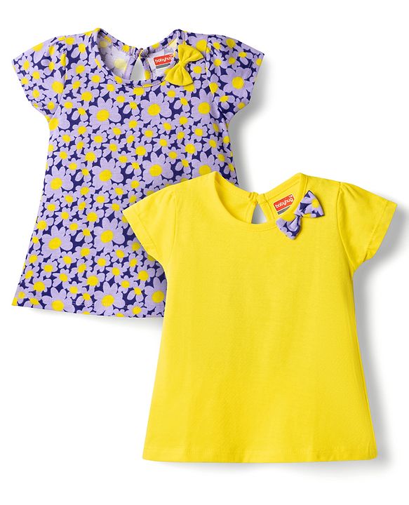 Babyhug Single Jersey Knit Half Sleeves Dresses With Floral Print & Bow Applique Pack of 2 - Neon Green & Navy Blue