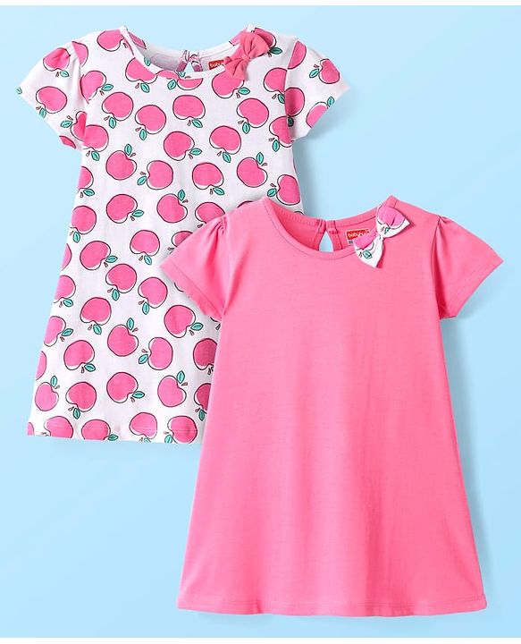 Babyhug Single Jersey Knit Half Sleeves Dresses With Apple Print & Bow Applique Pack of 2 - White & Pink