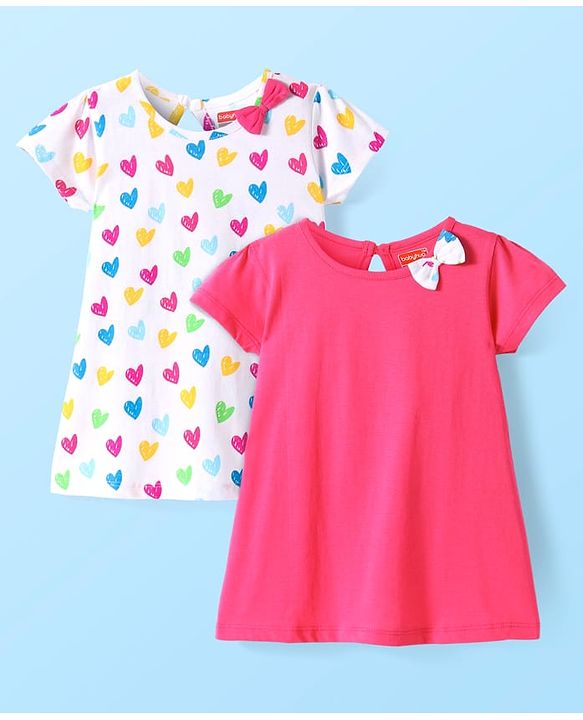 Babyhug Single Jersey Knit Half Sleeves Dresses With Heart Print & Bow Applique Pack of 2 - White & Dark Pink