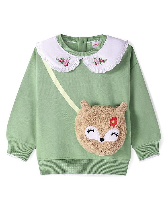 Babyhug Cotton Knit Full Sleeves Peter Pan Collar Sweatshirt with Sling Bag Applique & Floral Embroidery - Mint