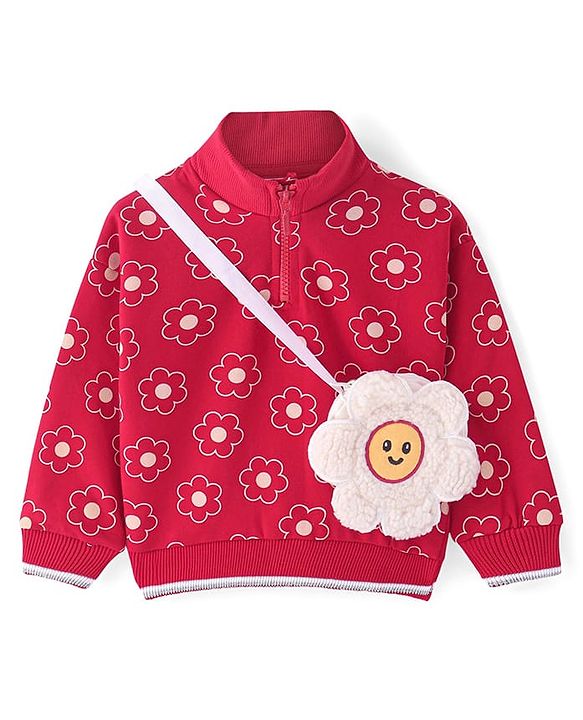 Babyhug Cotton Knit Full Sleeves High Neck Sweatshirt with Sling Bag & Floral Print - Red
