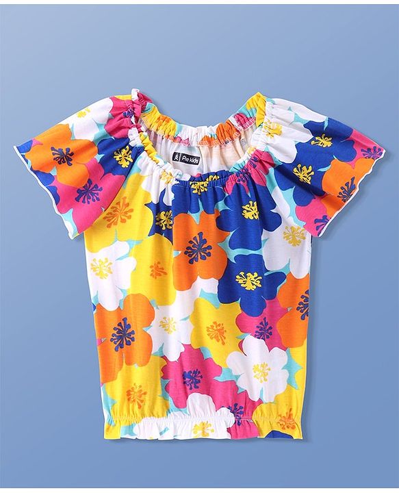 Pine Kids Cotton Knit Half Sleeves Top with Floral Print- Snow White