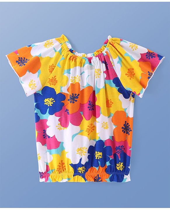 Pine Kids Cotton Knit Half Sleeves Top with Floral Print- Snow White