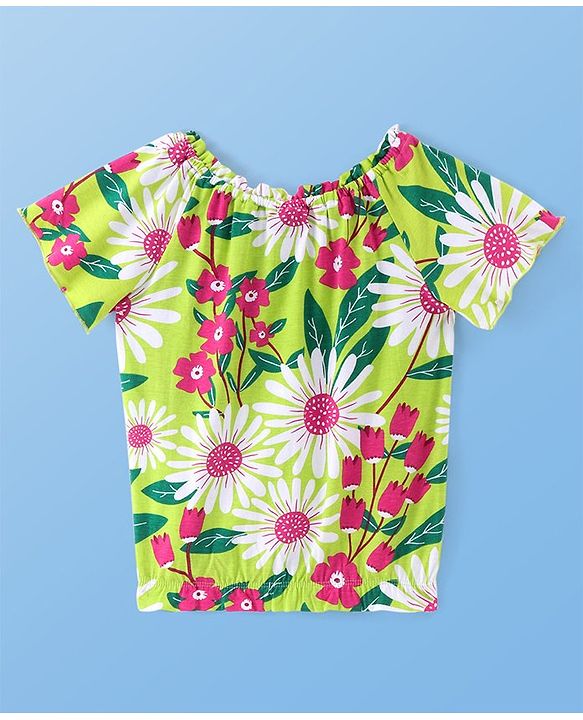 Pine Kids Cotton Knit Half Sleeves Top with Floral Print - Green
