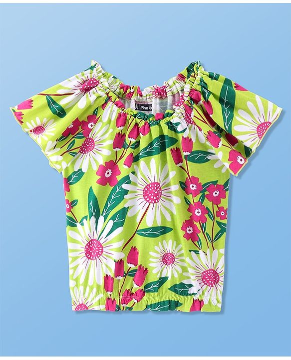 Pine Kids Cotton Knit Half Sleeves Top with Floral Print - Green