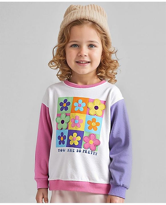 Babyhug Cotton Knit Full Sleeves Sweatshirt with Floral Print - White & Pink