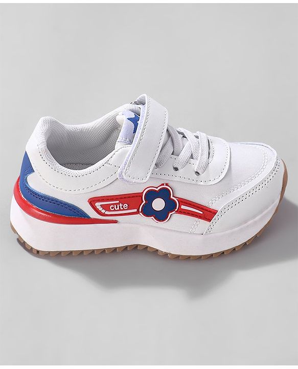 Cute Walk by Babyhug Sneaker with Velcro Closure Floral Applique - White & Royal Blue