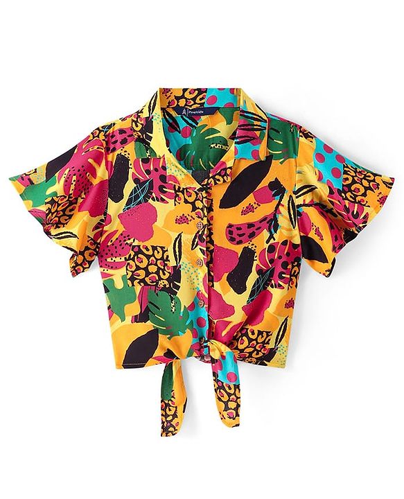 Pine Kids Viscose Woven Half Sleeves Top with Floral Print & Tie Knot Design - Multicolor