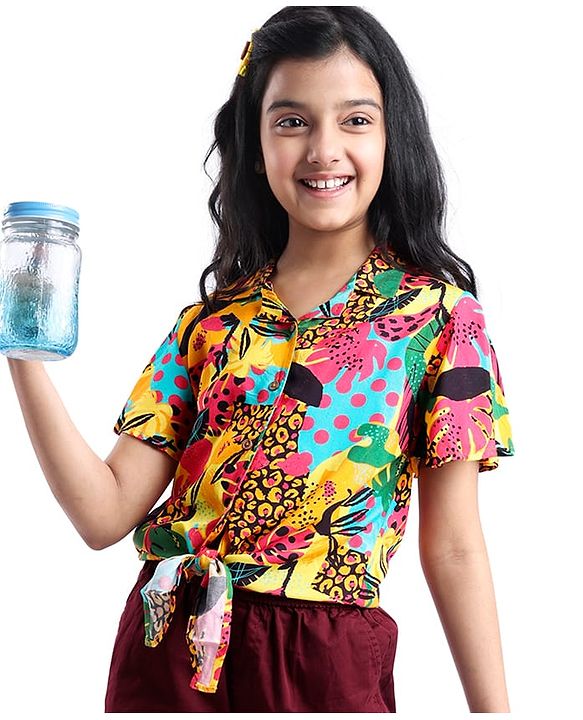 Pine Kids Viscose Woven Half Sleeves Top with Floral Print & Tie Knot Design - Multicolor