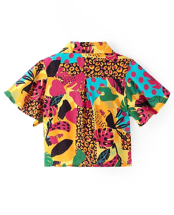 Pine Kids Viscose Woven Half Sleeves Top with Floral Print & Tie Knot Design - Multicolor