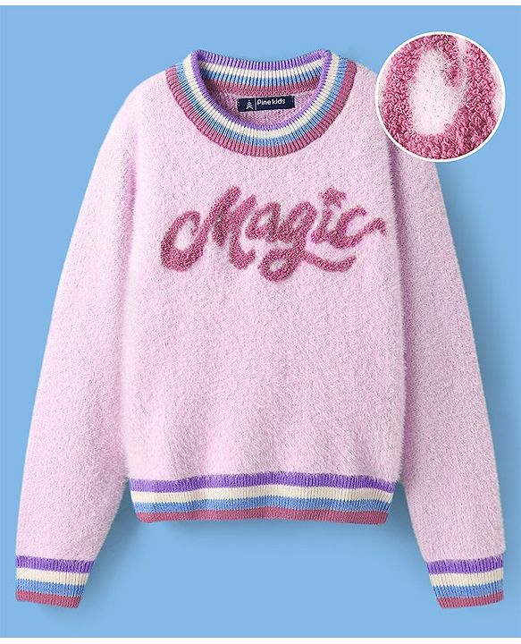 Pine Kids Knit Full Sleeves Striped Pullover Sweater with Text Embroidery - Pink