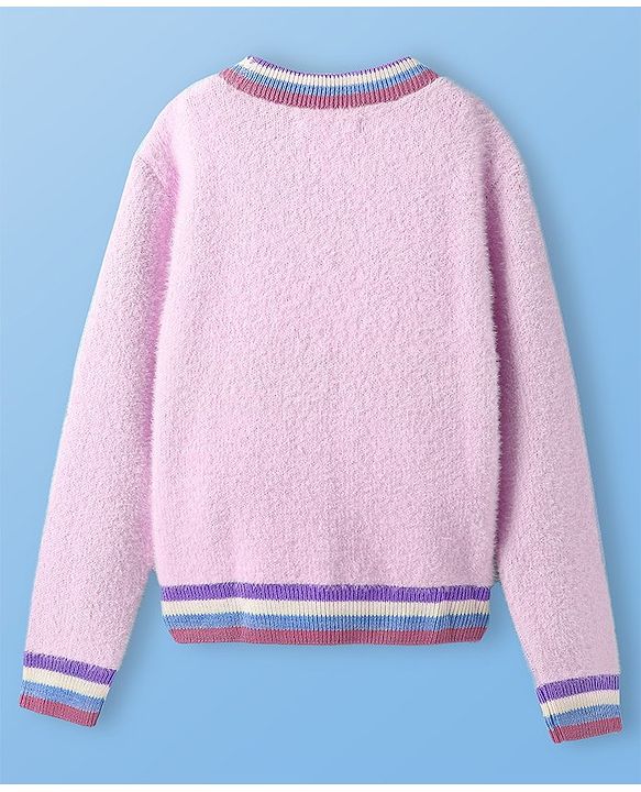 Pine Kids Knit Full Sleeves Striped Pullover Sweater with Text Embroidery - Pink