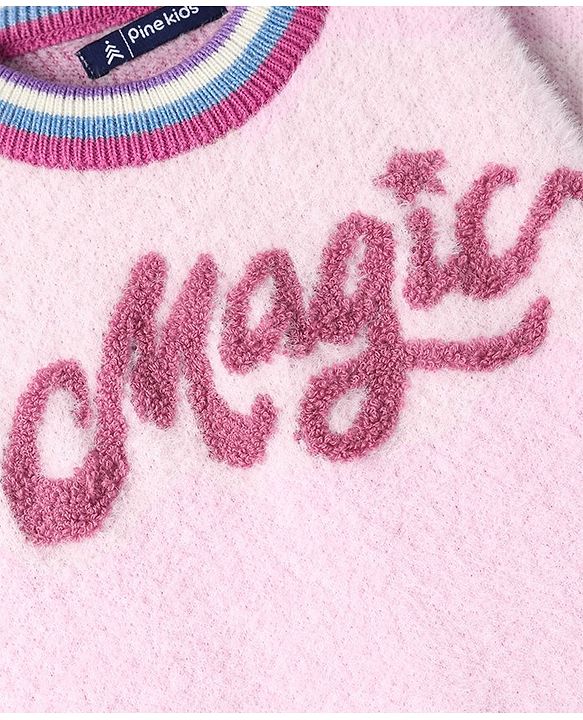 Pine Kids Knit Full Sleeves Striped Pullover Sweater with Text Embroidery - Pink