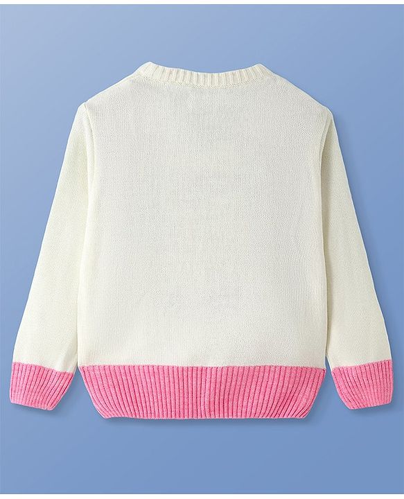 Pine Kids Knitted Full Sleeves Pullover Sweater With Floral Embroidery - Off White
