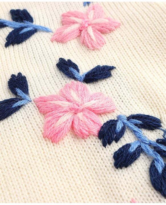 Pine Kids Knitted Full Sleeves Pullover Sweater With Floral Embroidery - Off White