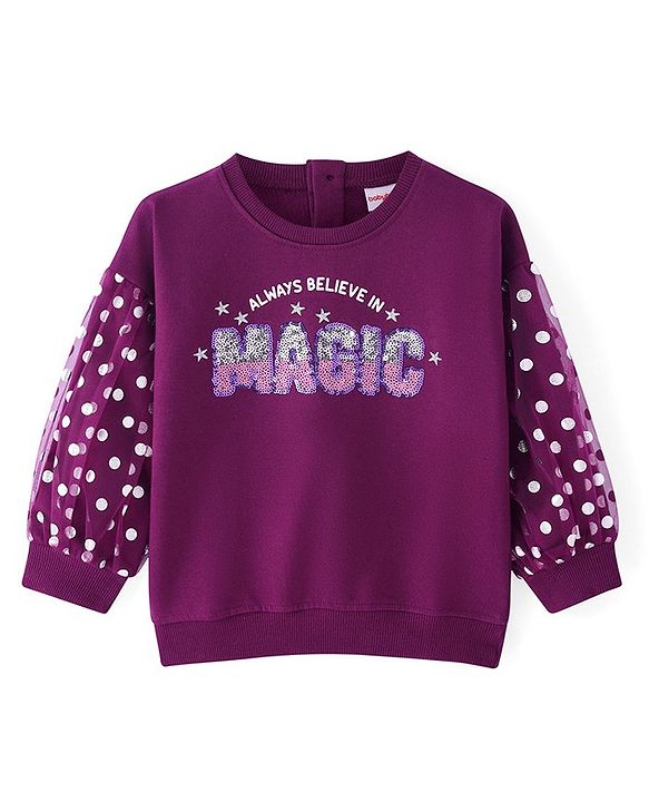 Babyhug Cotton Knit Drop Shoulder Full Puff Sleeves Sweatshirt With Polka Dot Print & Sequin Embroidery - Wine