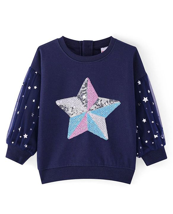 Babyhug Cotton Knit Full Sleeves Drop Shoulder Sweatshirt with Sequin Embroidery & Star Detailing - Navy Blue
