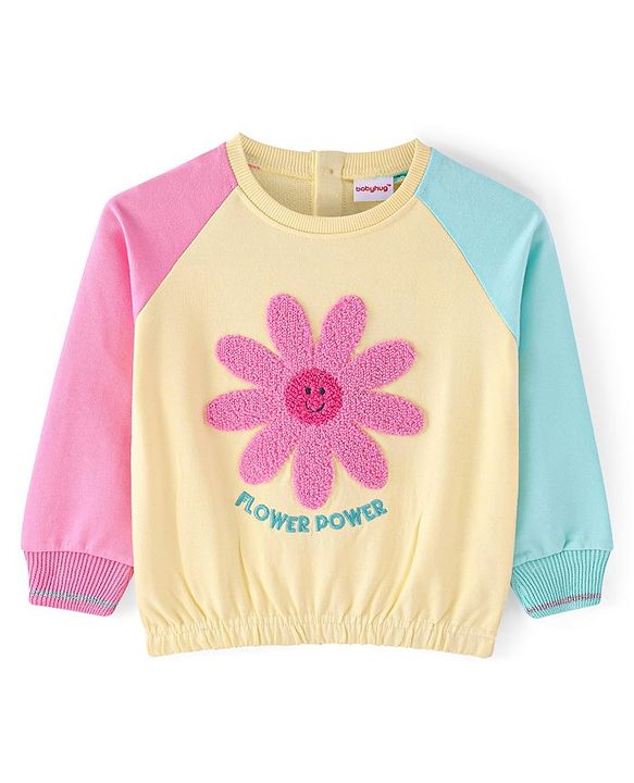 Babyhug Cotton Knit Raglan Full Sleeves Cut & Sew Sweatshirt With Flower Embroidery -Pink Blue & Yellow