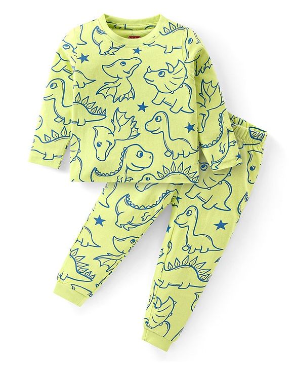 Babyhug Cotton Knit Full Sleeves Night Suit With Dino Print - Light Green