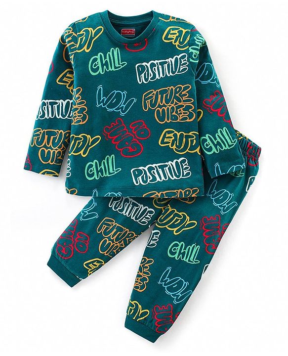 Babyhug Cotton Knit Full Sleeves Night Suit with Text Print - Green