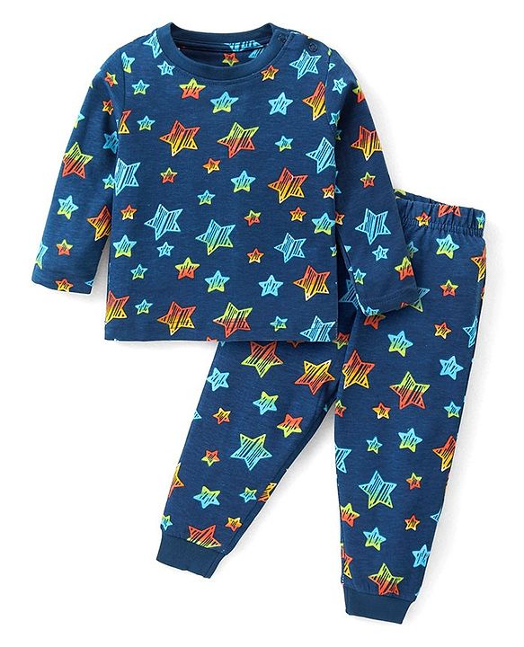 Babyhug Cotton Knit Full Sleeves Night Suit With Stars Print - Navy