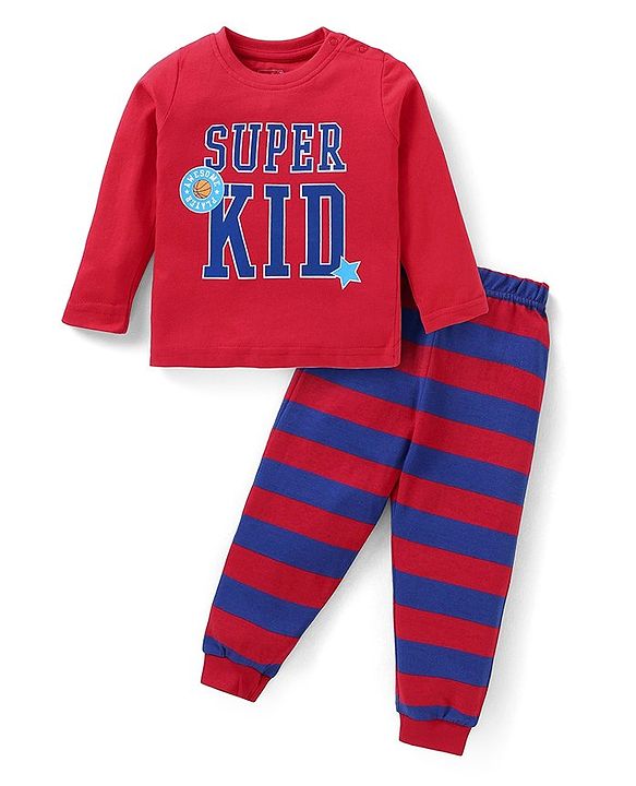 Babyhug Cotton Knit Full Sleeves Night Suit with Text & Stripe Design -Red & Navy