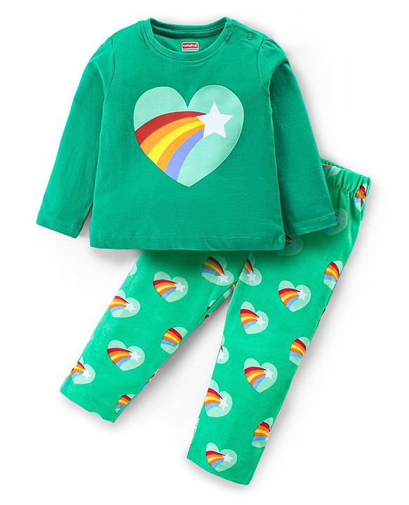 Babyhug Cotton Knit Full Sleeves Night Suit with Heart Print - Green