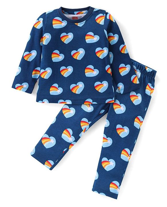 Babyhug Cotton Knit Full Sleeves Night Suit With Stars Print - Blue