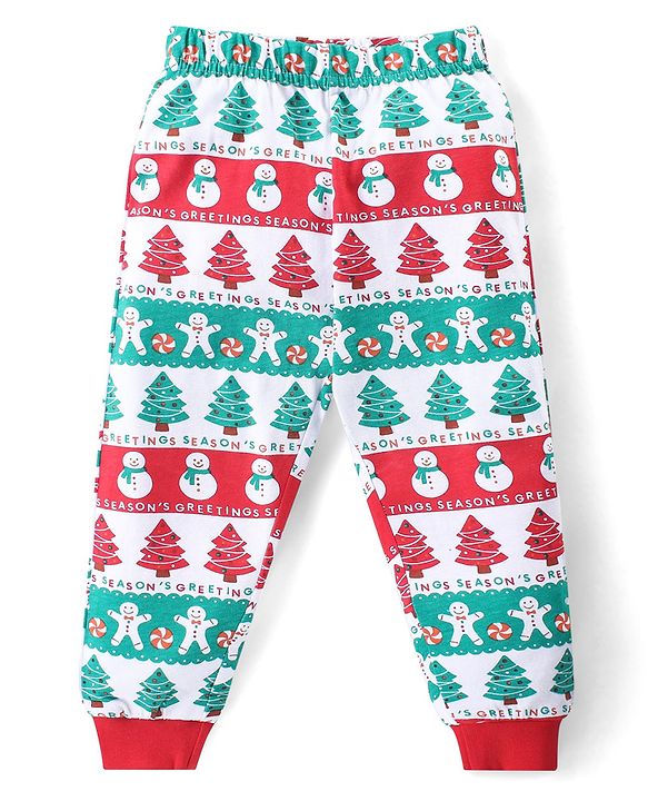 Babyhug Cotton Knit Full Sleeves Night Suit with Christmas Theme Print - White