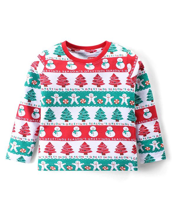 Babyhug Cotton Knit Full Sleeves Night Suit with Christmas Theme Print - White