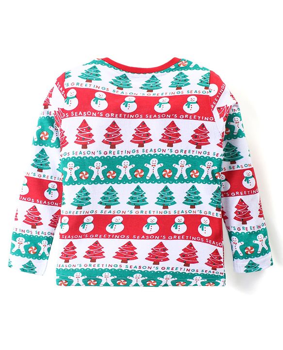 Babyhug Cotton Knit Full Sleeves Night Suit with Christmas Theme Print - White