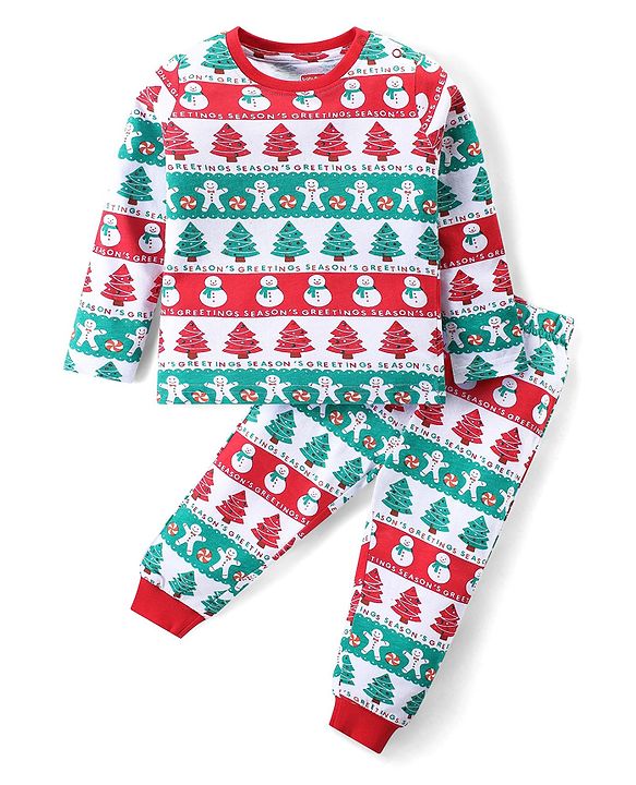 Babyhug Cotton Knit Full Sleeves Night Suit with Christmas Theme Print - White