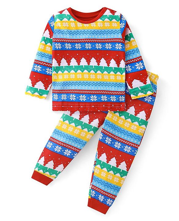 Babyhug Cotton Knit Full Sleeves Night Suit with Christmas Theme Print - White