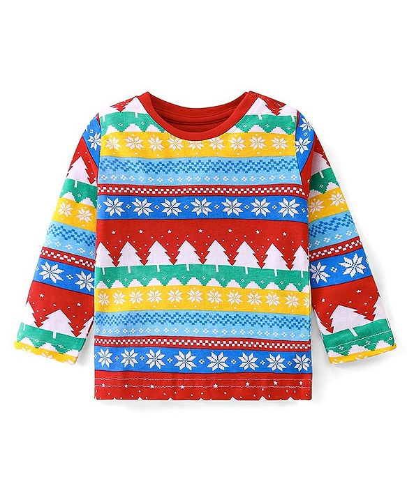 Babyhug Cotton Knit Full Sleeves Night Suit with Christmas Theme Print - White
