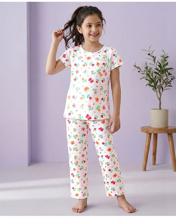 Pine Kids Cotton Knit Half Sleeves Night Suit With Floral Print - Off White