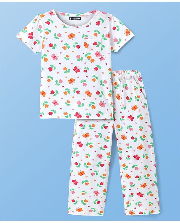 Pine Kids Cotton Knit Half Sleeves Night Suit With Floral Print - Off White